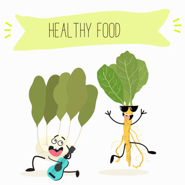 Vector Illustration with funny cartoon characters horseradish, kohlrabi. Funny and healthy food. Vitamins, cute face food, ingredients, vegetarian, vector cartoon, antioxidant.