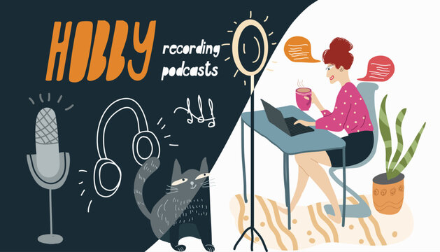 Collage on the theme of recording podcasts, girl, woman records a podcast at home, vector illustration of cartoon characters.
