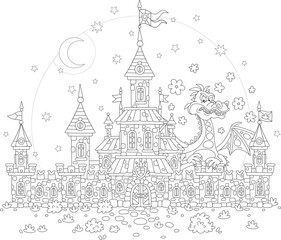 Fairytale castle with high towers, defensive stone walls, gates, waving royal flags and a mythical fire-breathing dragon guarding it on a mysterious moonlit night, black and white vector cartoon