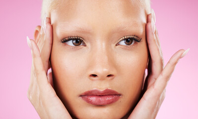 Black woman, beauty headshot and hands in studio with facial cosmetics, vision or makeup by pink...
