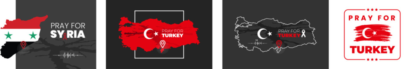 Pray for Syria and pray for turkey background. Map of Syria in color of national flag with cracks. Syria earthquake. Vector illustration