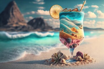 Cocktail on a beach. Cold drink on beatiful coast beach with calm sea. Generative AI © Klemenso