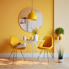 Bright and cozy modern dining room interior with yellow furniture and decoration room on empty yellow or white wall background, Ai generated
