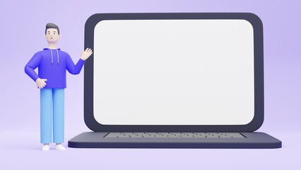 3D Illustration Girl Blank Background Secret Poster Pointing Presenting Information Tablet Computer Laptop