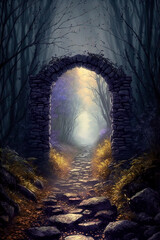 Cobble stone path through a dark mystical forest, old stone ruined gate. Generative AI