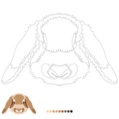 Brown rabbit with long ears coloring page, children's drawing for development, with color example, vector isolated on white background.