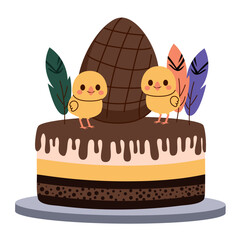 Flat vector illustration of chocolate confectionery with chick figurines, big egg and colorful feather. 