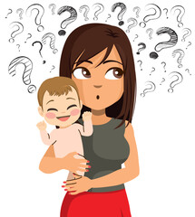 Vector illustration of young new mother with baby child having many questions. Mom feeling confused and inexperienced