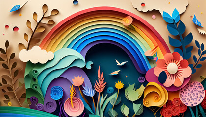 Naklejka na ściany i meble Paper style floral rainbow spring background
