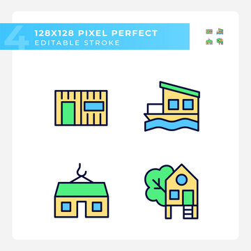 Compact houses pixel perfect RGB color icons set. Modular and container homes. Treehouse for recreation. Isolated vector illustrations. Simple filled line drawings collection. Editable stroke
