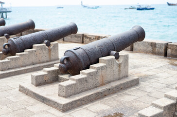 Fototapeta na wymiar Cannons in Stone Town, Zanzibar, are a reminder of its dark history of slavery. These relics serve as a somber reminder of the island's past.