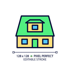 Bungalow pixel perfect RGB color icon. House with sloped roof. Recreation home. Buying property. Real estate. Cottage. Isolated vector illustration. Simple filled line drawing. Editable stroke