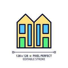 Duplex pixel perfect RGB color icon. Two dwelling units. Attached houses. Neighborhood. Real estate. Multifalmily home. Isolated vector illustration. Simple filled line drawing. Editable stroke