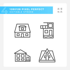 Vacation property pixel perfect linear icons set. Bungalow rent. Summer holiday villa. Real estate purchase. Customizable thin line symbols. Isolated vector outline illustrations. Editable stroke