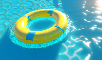 Relax in style and luxury with a vibrant yellow swimming pool ring float, drifting peacefully in the refreshing blue water