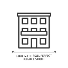 Condominium pixel perfect linear icon. Community ownership. Apartments complex. Urban building. Building facade. Thin line illustration. Contour symbol. Vector outline drawing. Editable stroke