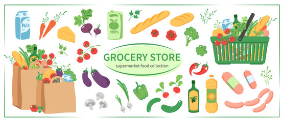 Grocery purchases set, paper  bags with products, food basket. Grocery store. Supermarket food collection. Vector Illustration