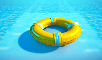 Relax in style and luxury with a vibrant yellow swimming pool ring float, drifting peacefully in the refreshing blue water