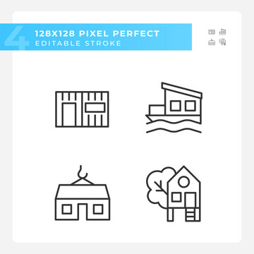Compact houses pixel perfect linear icons set. Modular and container homes. Treehouse for recreation. Customizable thin line symbols. Isolated vector outline illustrations. Editable stroke