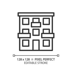 Apartment pixel perfect linear icon. Urban building. House exterior. Real estate. Accomodation. Flat with balcony. Thin line illustration. Contour symbol. Vector outline drawing. Editable stroke