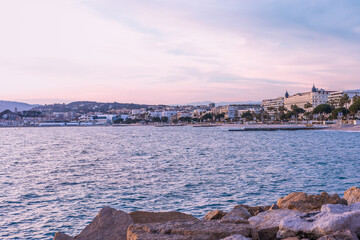 View of the city of Cannes in sunset, Côte d'Azur, South of France, Europe