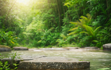 Stone empty podium stand for cosmetics with nature jungle leaves in a summer garden. Mock up. - obrazy, fototapety, plakaty