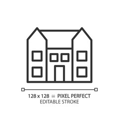 Mansion pixel perfect linear icon. Large dwelling house. Luxury real estate. Purchase expensive property. Residence. Thin line illustration. Contour symbol. Vector outline drawing. Editable stroke