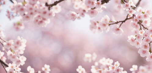 Pink cherry tree blossom flowers blooming in springtime against a natural sunny blurred garden