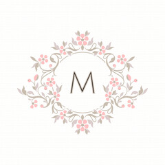 Floral frame monogram with pink flowers. Classic decorative element.