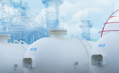 Hydrogen power plant. H2 fuel storage tank with power plant background. Sustainable energy. Net...