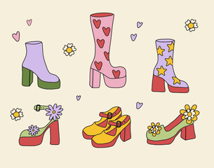 Set of retro shoes and boots with heels in hippie style. Bright crazy shoes.