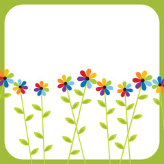 Design of greeting card with rainbow flowers and space for text. Vector illustration.