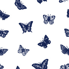 Seamless black and white pattern, butterflies repeating pattern. Moths background. Engraved etched texture design drawn in vintage style. Retro detailed vector illustration for wallpaper, textile