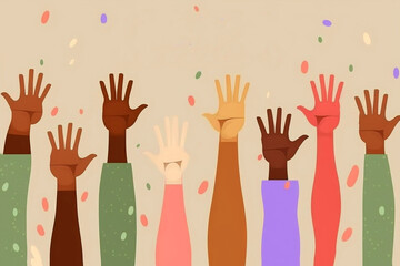 International women’s day,Horizontal poster with different skin color women’s hand up. Generative AI	