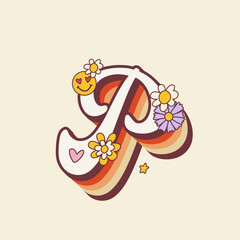Groovy retro hippie stylized Initial Letter P with flowers. Seventies letter for nostatgic print or poster.