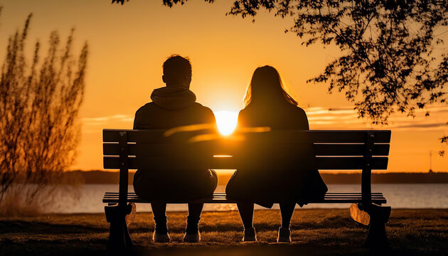 Couple in love sitting on park bench by the beach watching sunset.  People love and relationships concept.