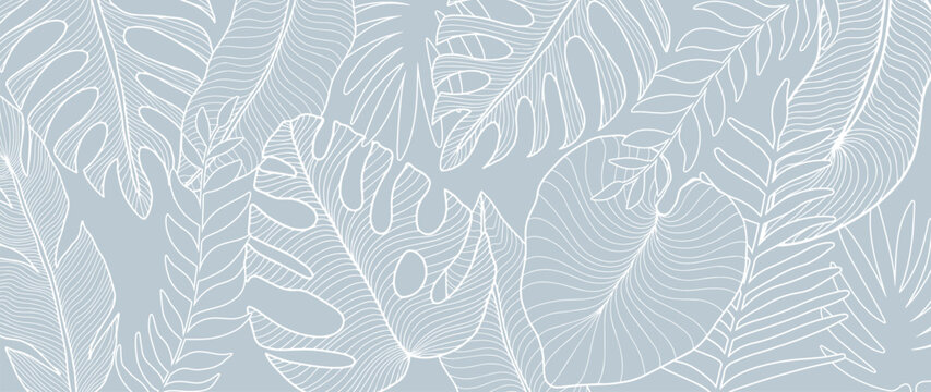 Vector tropical illustration in pale blue colors with palm leaves, monstera, fern for backgrounds, covers, decor, presentations, wallpapers