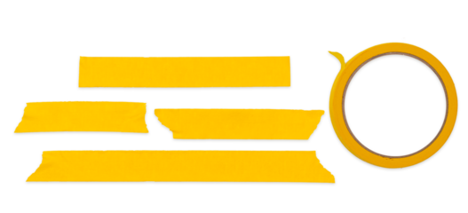 Group of four blank yellow tapes isolated on white background.