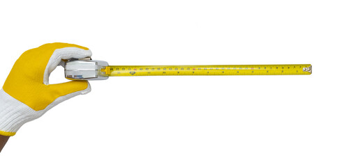 man wearing glove holding tape measure on a white background - Powered by Adobe