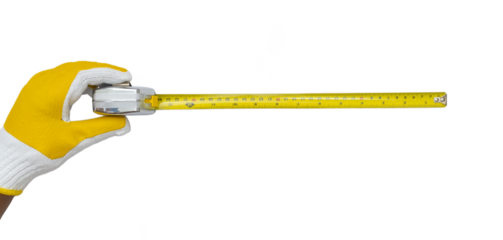 man wearing glove holding tape measure on a white background