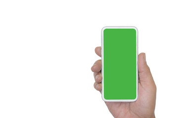 Male hand holding mobile phone with green screen On a white background.