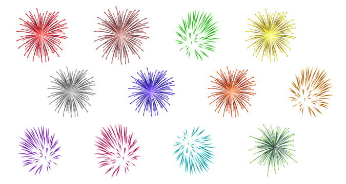 Fireworks elements animation set on transparent background . Abstract vector isolated illustration.