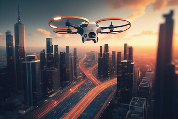 Drone is flying over a modern city, with tall buildings, roads, and a bustling skyline in the background. Concept of High-Tech and automation. Big city life. Generative AI