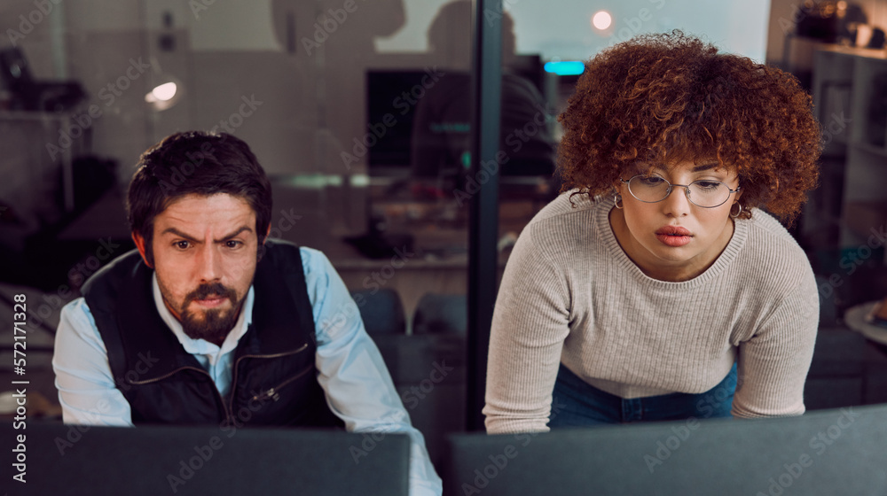 Poster Serious, teamwork and digital with people at computer for programming, coding and software. Developer, technology and database with man and black woman for cloud computing, code and cyber security