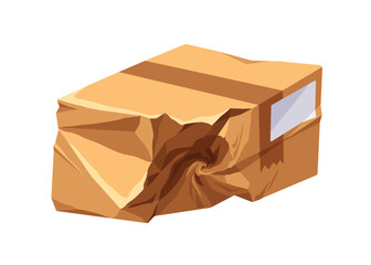 Creased cardboard parcel. Damaged delivery, crumpled box. Crinkled broken carton pack, spoiled smashed wrinkled wet order, shipment. Flat graphic vector illustration isolated on white background