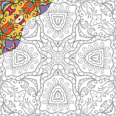Decorative doodle pattern for coloring book. Hand drawn fantasy line art, floral geometric ornament for painting, coloring page. Tribal ethnic decoration. Black and white with sample of colors