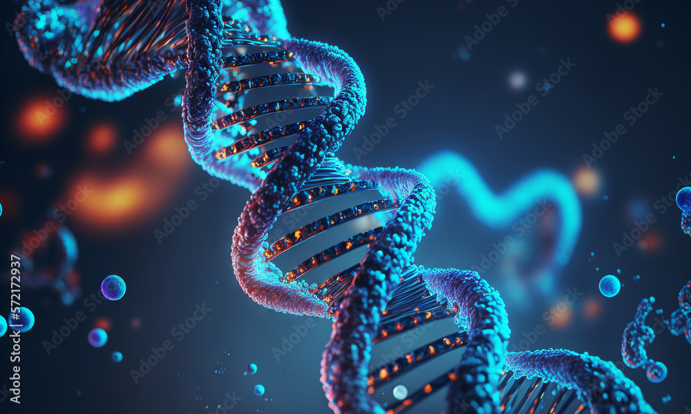 Aufkleber Concept of the evolution of human DNA in the distant future. View under the microscope. Blue helix background close-up. Generative ai