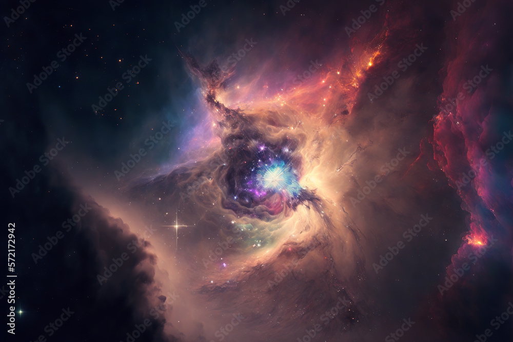 Poster Large view of a colorful dark nebula in space. Cosmic background with bright shining stars, galaxies and deep universe. Generative ai
