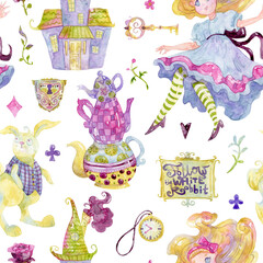 Seamless pattern with Alice, white rabbit, teapots, clock, curios house . Alice in Wonderland theme elements set. Watercolor illustration - 572172934