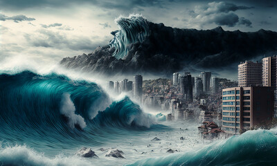 Huge tsunami destroying a city. Dramatic scenery with a big wave flooding the lanscape. Natural disaster concept art. Generative ai - obrazy, fototapety, plakaty